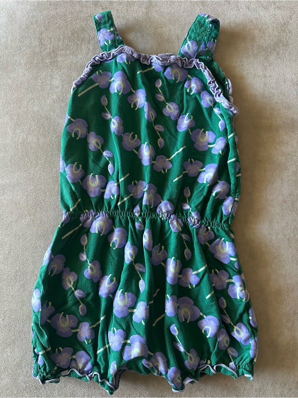 Kickee Pants Girls Green Floral Romper with Purple Accents